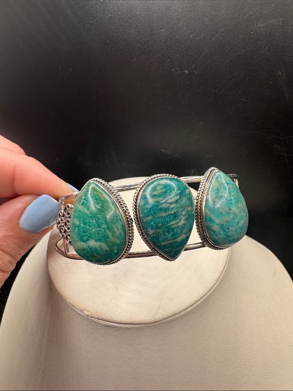 Amazonite Teardrop Green Stone Cuff Bracelet Sterling Silver